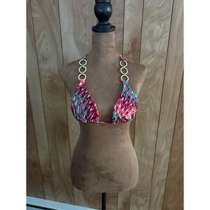 Nikki Poulos Nikki Vix Multicolor Chevron Triangle Bikini Top Gold Ring Halter M